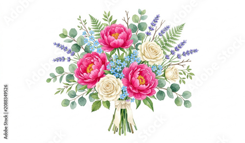 Bright Pink Peony Floral Bouquet with Forget Me Nots Watercolor Vector
