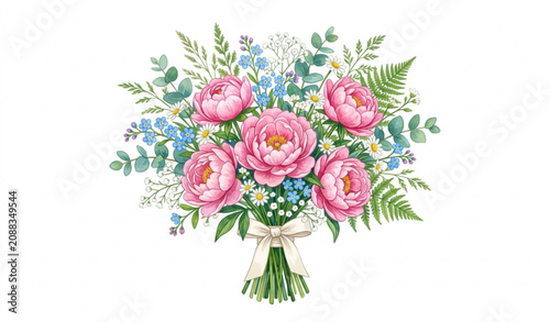 Elegant Pink Peony and Forget Me Not Flower Bouquet Watercolor Vector