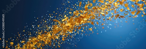A scattering of golden shards and tiny lights against a deep blue gradient