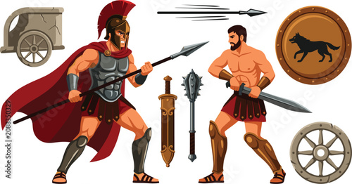 Ancient Spartan Warrior and Gladiator Vector Element Set with Spear Fight Wooden Shield Sword Mace Chariot Parts and Wolf Icon for Historical Game Design
