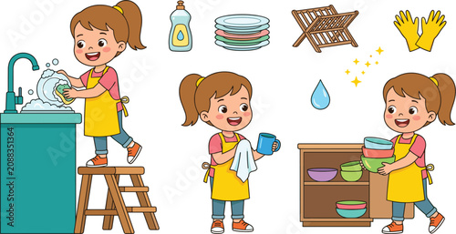 Cute Little Girl Doing Dishes Vector Character Set with Activities Like Washing Plates Drying Cup and Putting Bowls into Kitchen Cabinet for Kids Education