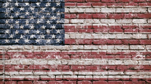 Worn, distressed American flag painted across textured red brick wall
