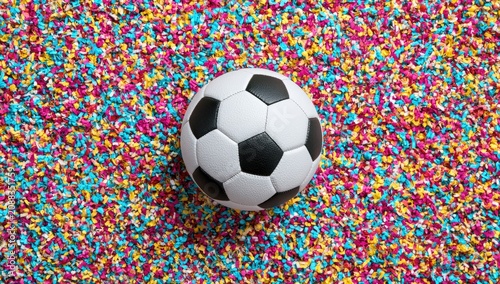 Classic black and white ball rests on a vibrant bed of tiny, colorful confetti pieces