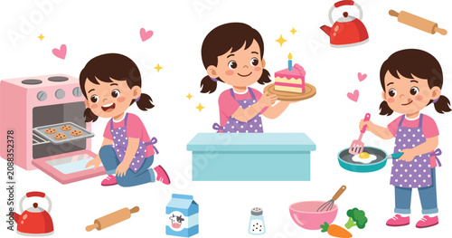 Cute Little Girl Cooking and Baking Vector Character Set with Activities Like Oven Baking Frying Egg and Serving Birthday Cake for Children Book Illustration