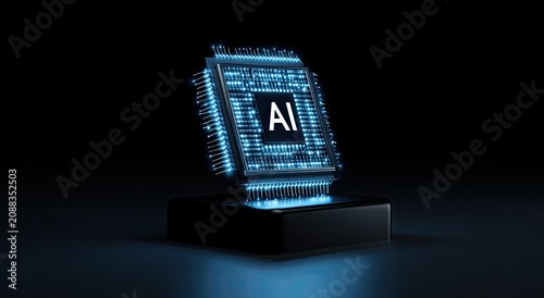 Glowing AI chip on dark pedestal, futuristic technology, abstract circuits