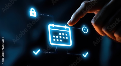 Finger touches glowing calendar icon surrounded by security, time, and checklist symbols