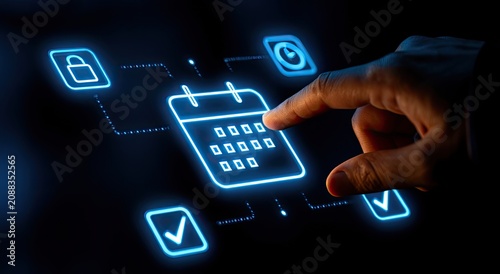 Finger touches glowing digital calendar icon, surrounded by other digital icons