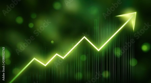 Glowing green arrow chart shows upward trend against bokeh background