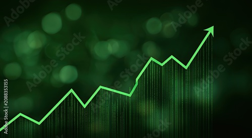 Upward trending green graph against a dark bokeh background