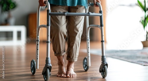 Person's bare feet and legs with a walker indoors on polished wooden floor