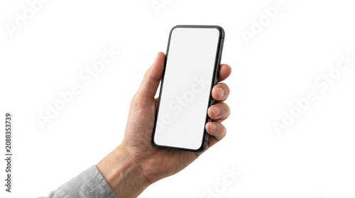 Bild auf Leinwand Hand holding smartphone with blank screen, mobile phone mockup, white background