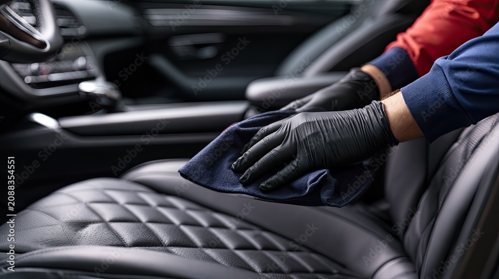 Fototapeta premium Gloved hands gently wipe down a pristine, quilted car seat with a dark cloth