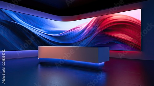 Sleek futuristic studio with glowing abstract art on curved screens