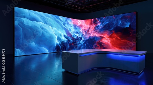 Modern, curved news desk with vibrant, swirling digital art on panoramic screens
