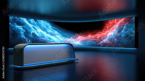 Futuristic studio with curved screen displaying glowing blue and red nebulae