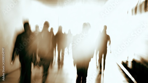 Silhouettes of people walking towards bright light in motion blur