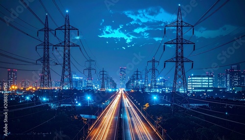 Cityscape at Night with Power Lines and Light Trails.