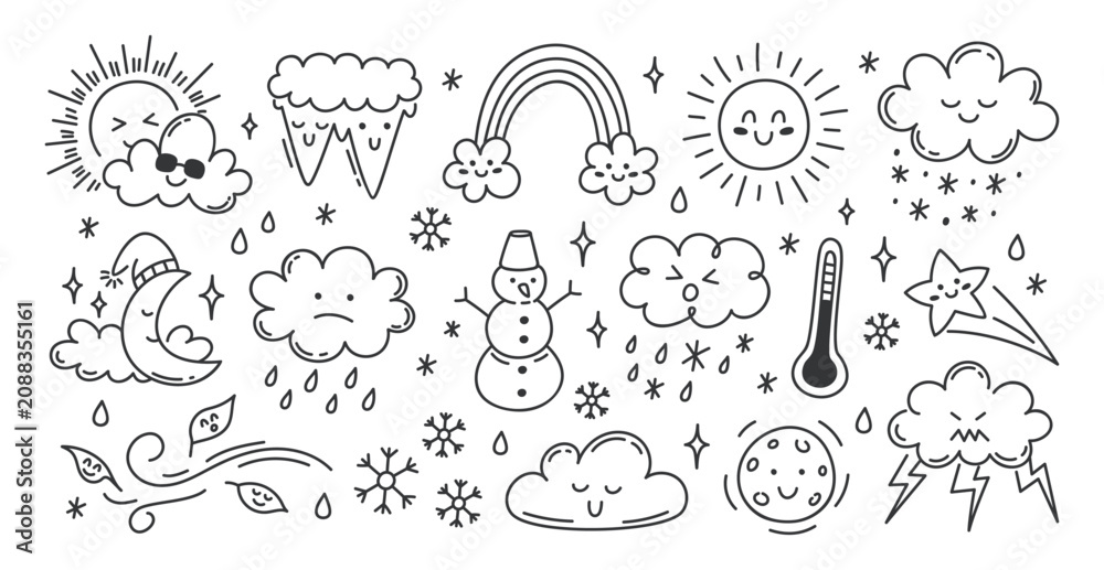 Fototapeta premium Cute weather elements. Doodle climate character. Hand drawn funny kid season objects, rain, sun, cloud, rainbow, hurricane. Summer, winter, fall, spring. Vector set