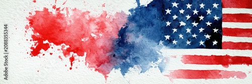 Red and blue watercolor splashes blend into a fragmented American flag