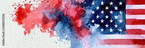 Watercolor splashes of red, white, and blue blend into the stars and stripes