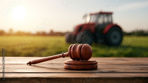 Gavel on wooden table, tractor and field background, sunset glow