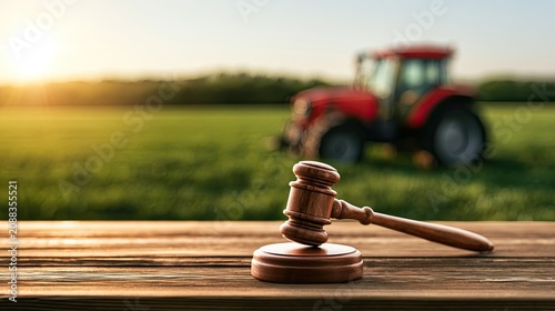 Gavel rests on wooden surface before blurry tractor in sunlit field