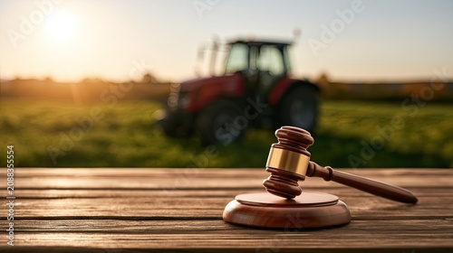 Gavel on wooden table with tractor and field sunset