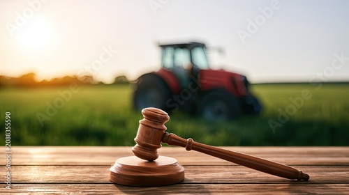 Gavel on rustic table, farm tractor in blurred background at sunset
