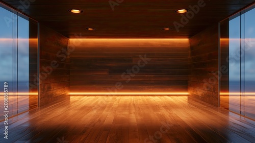 Modern, warm-lit wooden interior with glass walls and ocean view