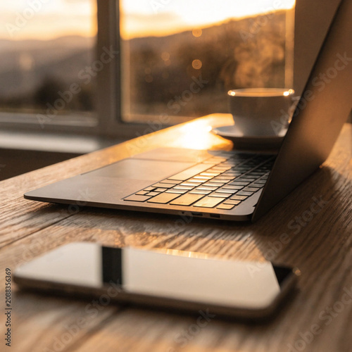 Laptop and smartphone on a wooden desk during golden hour sunset