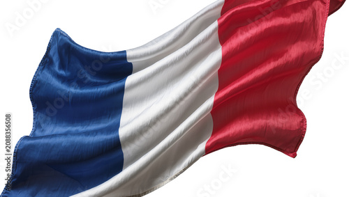 Quadro su tela Waving French tricolor flag with blue white and red stripes, isolated on transpa