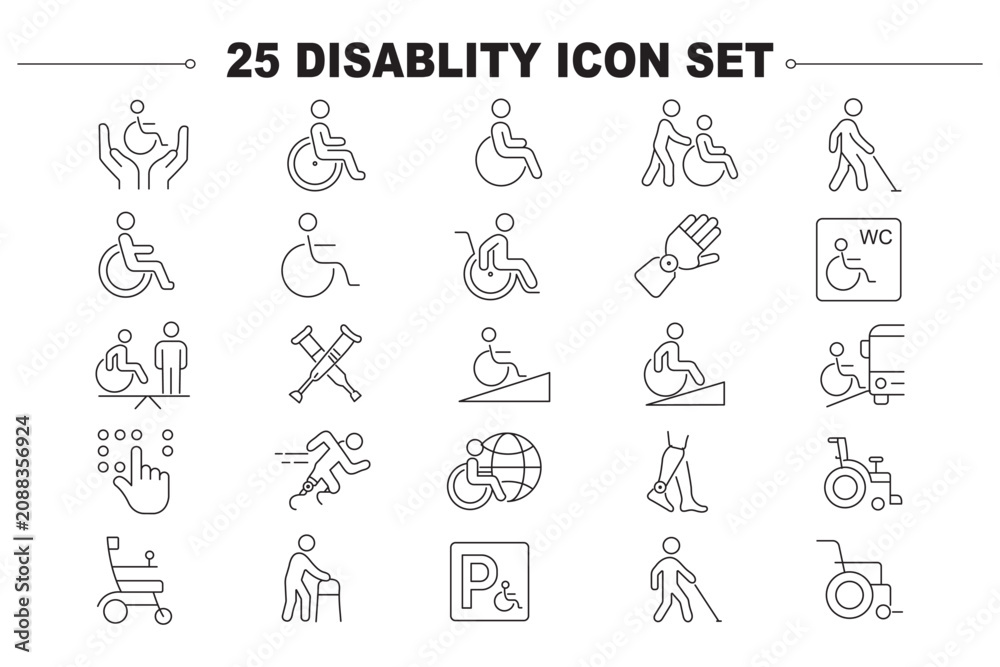 Fototapeta premium Disability line editable icon set. featuring of physical and mental development, assistive devices,and more. Editable stroke. Vector illustration