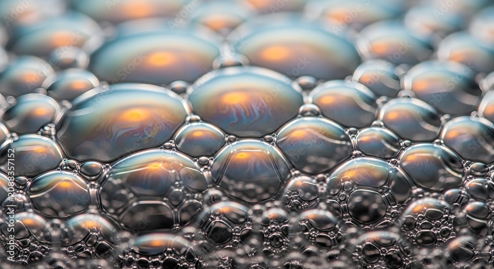 Fototapeta premium Close-up view of iridescent soap bubbles clustered together with colorful reflections.