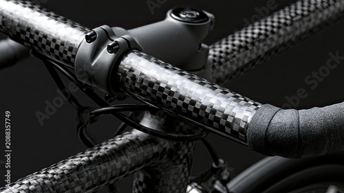 Close-up of a sleek, black carbon fiber bicycle frame and handlebars