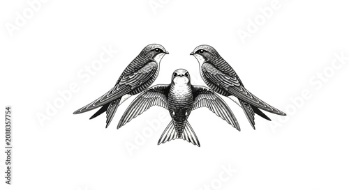 Fotografía Vintage Engraving Illustration of Three Swallows Flying
