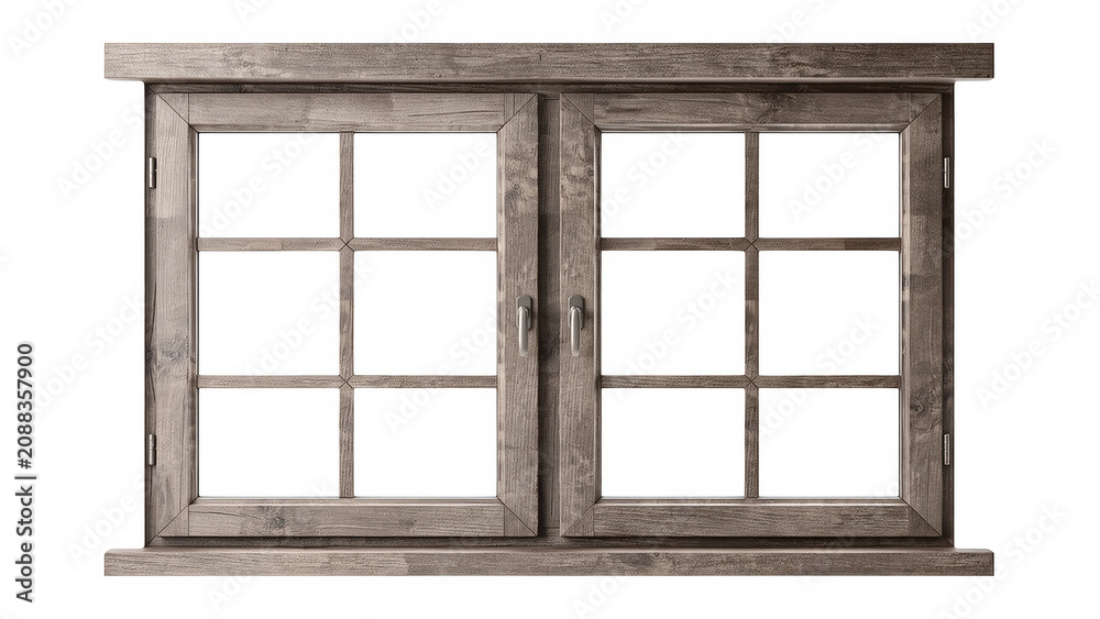 Fototapeta premium Old rustic wooden window frame with glass panes isolated on a simple plain surface isolated on transparent background