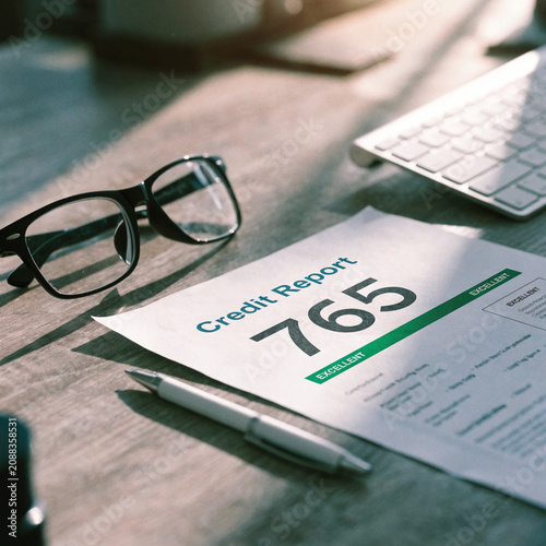 Credit Report Document on Wooden Desk Workspace with Glasses and Pen