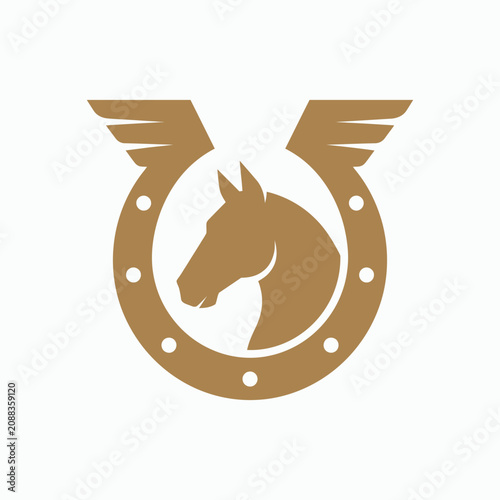 Tableau sur toile Stylized horse head within a horseshoe with wings and circular design