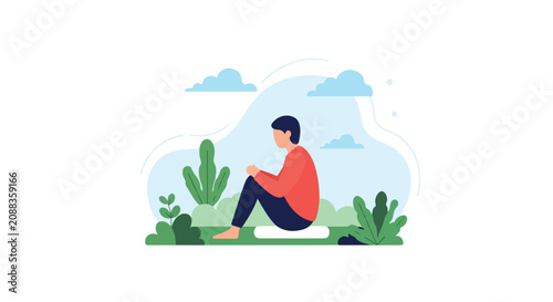 Bild auf Leinwand A flat vector illustration depicting a lonely man sitting on the grass in a peaceful park, surrounded by lush green plants and soft clouds