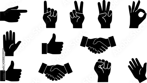 Gesturing hands. Communication hand gesture, pointing, counting fingers, ok sign, palm gesture language vector illustration set. Gesturing signal expression, pointing and handshake