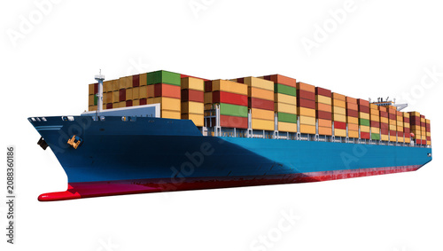Фотография Massive blue cargo ship loaded with colorful stacked containers, isolated on tra