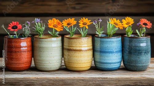 Vibrant fresh flowers in handcrafted ceramic pots on a rustic wooden table.