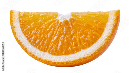 Schilderij op canvas Juicy orange slice with white pith and textured segments, isolated on transparen