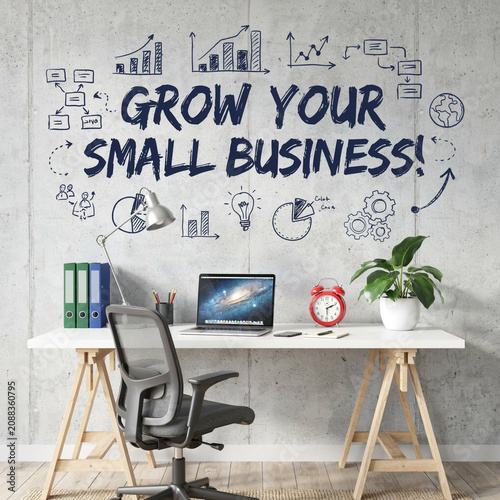 Modern Minimal Office Workspace with Grow Your Small Business Text