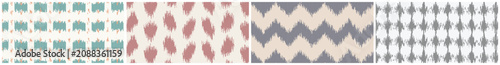 Abstract ikat inspired seamless pattern collection with woven ethnic geometric textile backgrounds