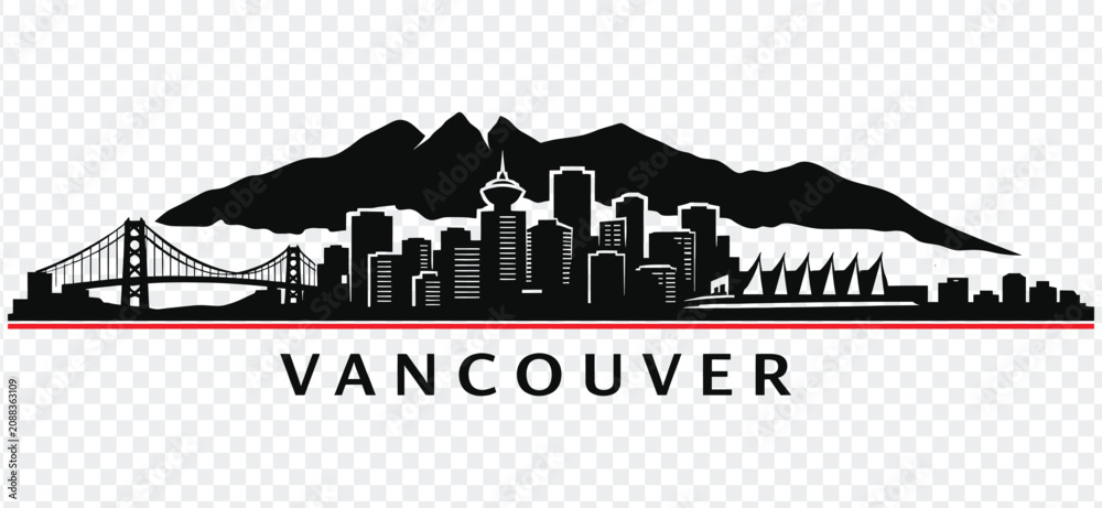 Obraz premium Vancouver city skyline silhouette with mountains and bridge