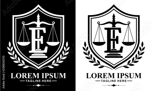 Monogram Initial Letter E Law Firm Justice Scale Shield Logo Vector