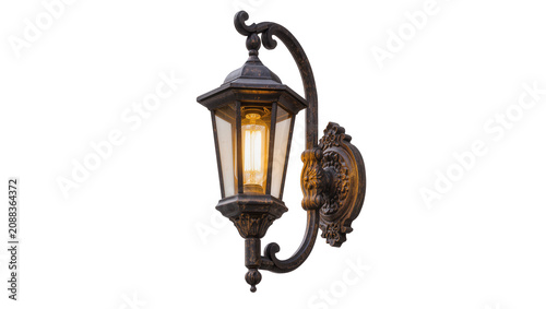 Ornate antique wall lantern with glowing Edison bulb, isolated on transparent background