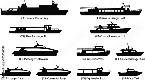 Foto Passenger Ferry Boat Silhouette Collection with Catamaran Water Taxi and Coastal