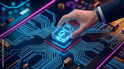 Interactive digital data padlock concept placed on glowing processor for advanced enterprise cybersecurity privacy and corporate business network encryption technology solutions